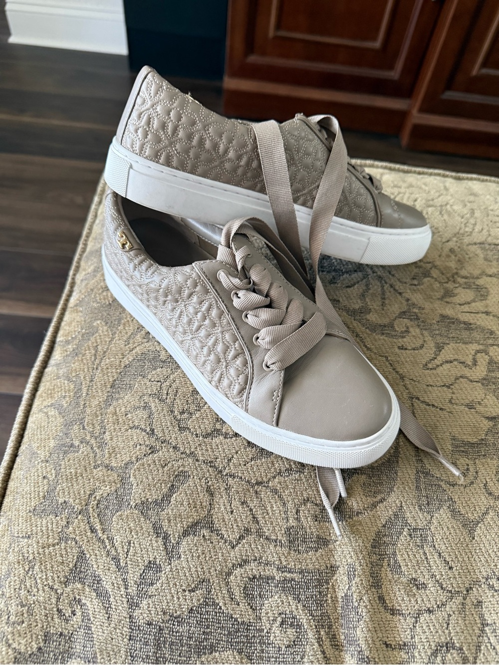 Tory Burch Quilted Taupe Lace-Up Sneakers
